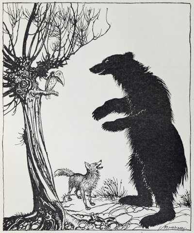 クマとキツネ、「イソップ寓話」のイラスト、ハイネマン発行、1912 作： Arthur Rackham
