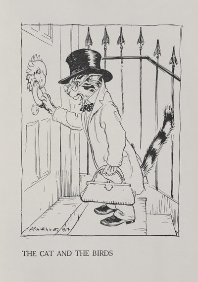 猫と鳥、「イソップ寓話」のイラスト、ハイネマン発行、1912 作： Arthur Rackham