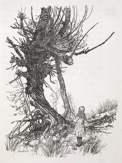 O Cheshire Cat em uma árvore olhando para Alice 作： Arthur Rackham