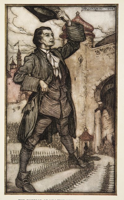 ジョナサン・スウィフト（1667-1745）の『ガリバー旅行記』より「リリパットの皇帝が軍隊を閲兵する」。1909年（カラーリトグラフ）。 作： Arthur Rackham