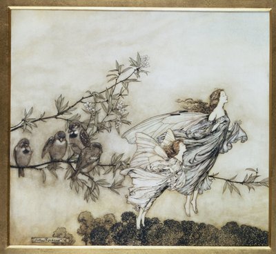 妖精は、鳥とのティフ、1906年のイラスト、パブJMバリーによってケンジントンガーデンズのピーターパンのイラスト。 1906（インクとトイレ） 作： Arthur Rackham