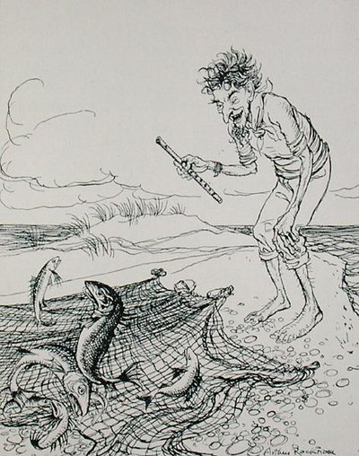 イソップ寓話集」からの挿絵「漁師のパイピング」（Heinemann社刊 作： Arthur Rackham