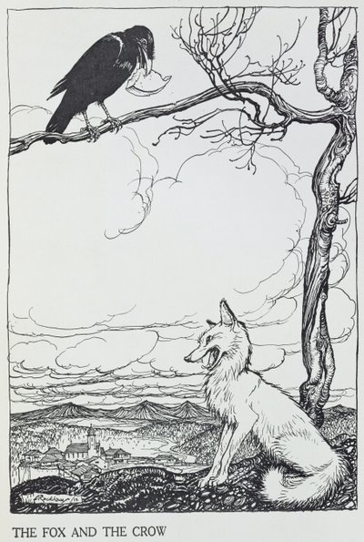 キツネとカラス、「イソップ寓話」のイラスト、ハイネマン発行、1912年（彫刻） 作： Arthur Rackham