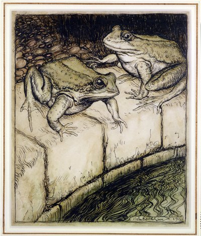カエルと井戸、イソップ寓話のイラスト、1912年に出版（ペンとインク、紙にトイレ） 作： Arthur Rackham
