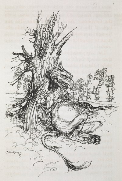 木に寄り添うグリフォン 作： Arthur Rackham