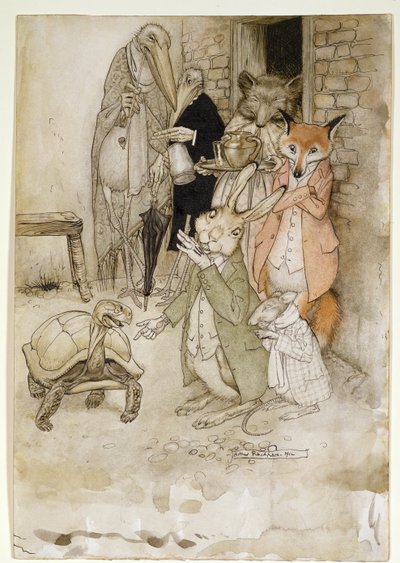 ウサギとカメ、イソップ寓話、パブからのイラスト。ハイネマン、1912年（ペンとインク、紙のトイレ） 作： Arthur Rackham