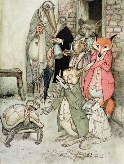 1912年にハイネマンによって発行された「イソップ寓話」のイラストであるノウサギとカメ（98211も参照） 作： Arthur Rackham