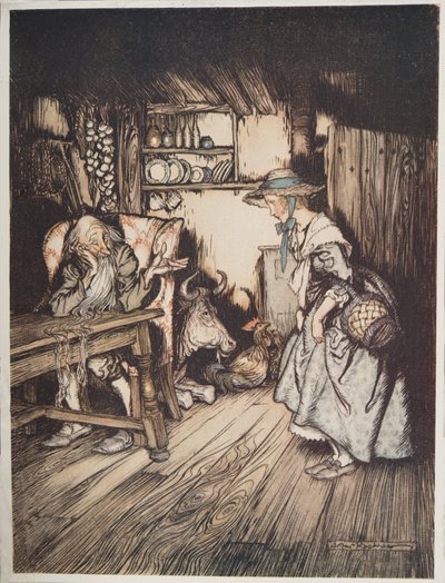 森の中の小屋、グリム兄弟によるリトルブラザーとリトルシスターと他の物語、pub.1917 作： Arthur Rackham