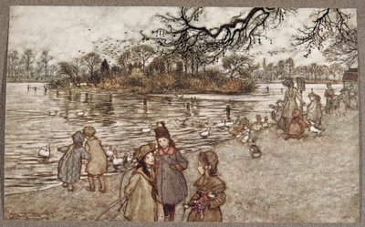 JMバリー（1860-1937）によってケンジントンガーデンズのピーターパンからパブのすべての鳥が生まれ、男の子と女の子になった島。 1906 作： Arthur Rackham