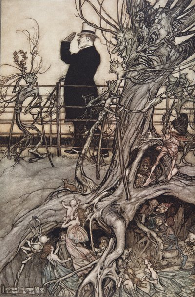 ケンジントンガーデンはロンドンにあり、王様が住んでいる......」J・M・バリー（1860〜1937）の『ケンジントンガーデンのピーターパン』から、1906年に出版された。1906年（カラーリトグラフ 作： Arthur Rackham