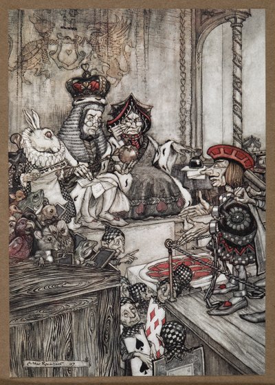 タルトを盗んだとして告発されたハートの女王とキングの前のドックにいるハートのナイフ 作： Arthur Rackham