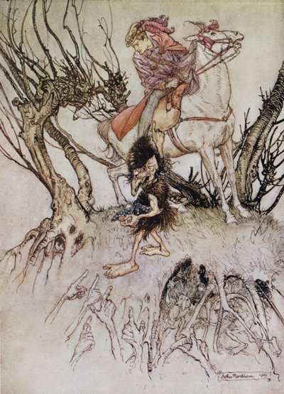 ノームの騎士ハルブラン、1909年の男爵ドゥラモットフークによる物語「ウンディーネ」のイラスト 作： Arthur Rackham