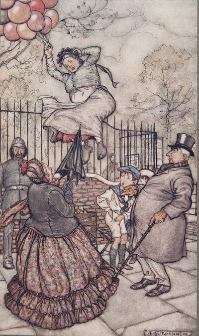 パブのJMバリー（1860-1937）によるケンジントンガーデンズのピーターパンの、外に座っている風船を持つ女性1906 作： Arthur Rackham