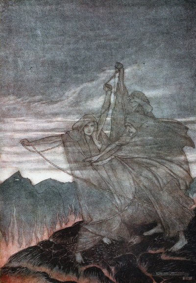 ノルンは消える。 1910年、リチャードワーグナーによるジークフリートと神々の黄昏のイラスト 作： Arthur Rackham