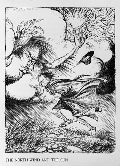 北風と太陽、「イソップ寓話」のイラスト、ハイネマン発行、1912 作： Arthur Rackham
