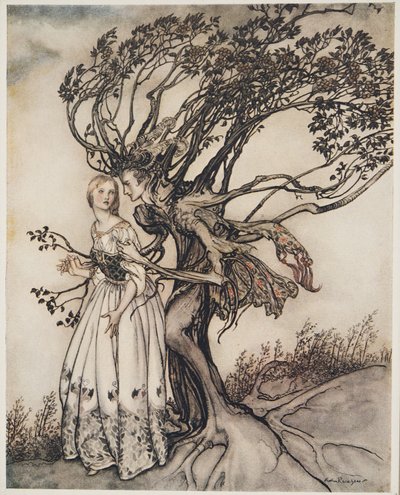 森の中の老婦人、グリム兄弟によるリトルブラザーとリトルシスターと他の物語、pub.1917 作： Arthur Rackham