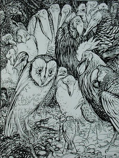 フクロウと鳥」（『イソップ寓話集』より）（ハイネマン社刊 作： Arthur Rackham