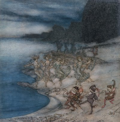 パート フェアリーズとダッパー エルフ (水彩、ペン、黒インク) 作： Arthur Rackham