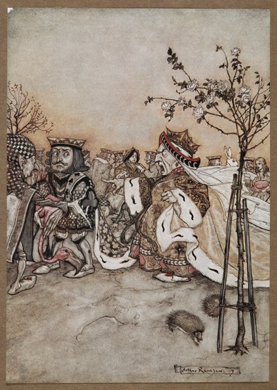 クロケットの試合後に怒って叫ぶハートの女王 作： Arthur Rackham