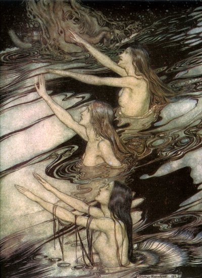 1911年、リチャードワーグナー著、ジークフリートと神々の黄昏のラインメイデン。 作： Arthur Rackham
