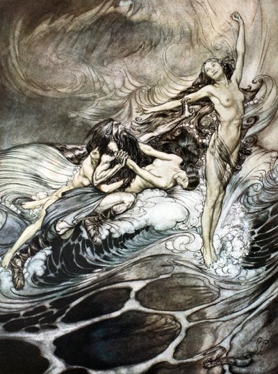 「ラインの乙女たちは指輪を手に入れ、勝利を収めてそれを運び去る」、1924年. 作： Arthur Rackham
