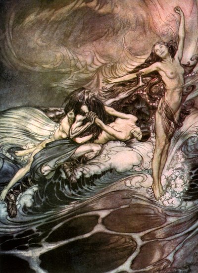 ラインの乙女が指輪を手に入れ、勝利を収めたc1911 作： Arthur Rackham