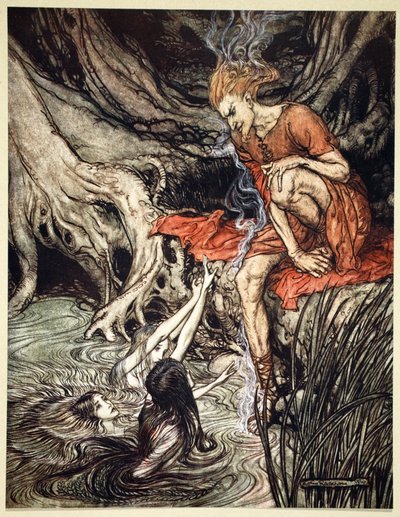 「ライン川の純粋に輝く子供たちが私に彼らの悲しみを語った」、1910年. 作： Arthur Rackham