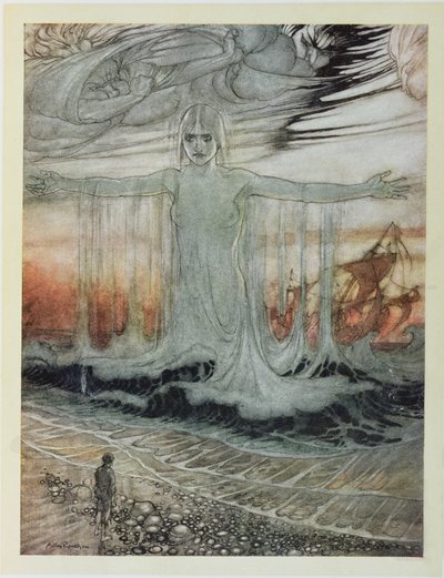 難破した男と海、「イソップ寓話」のイラスト、ハイネマン発行、1912 作： Arthur Rackham