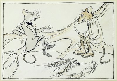 タウンマウスとカントリーマウス、イソップ寓話のイラスト、1912年に公開（紙にトイレ付きペンとインク） 作： Arthur Rackham