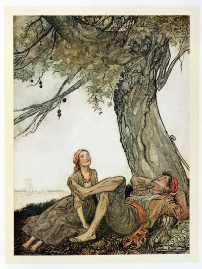 旅行者と平面ツリー、「イソップ寓話」のイラスト、ハイネマン発行、1912 作： Arthur Rackham