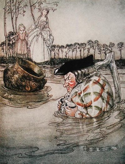 イソップ寓話集』（ハイネマン社）からの挿絵「2つの壺」。 作： Arthur Rackham