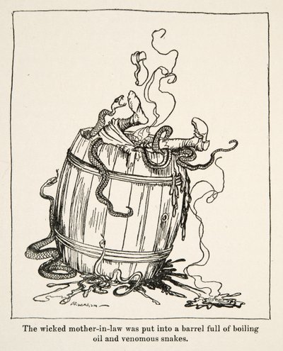 1917年に出版されたグリム兄弟の「Little Brother & Little Sister and Other Tales」の中の「悪い義理の母は、煮えたぎる油と毒蛇の入った樽に入れられた」という話。 作： Arthur Rackham