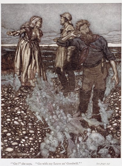 ラドヤード・キプリング（1865-1936）による「パック・オブ・プック・ヒル」からの未亡人のウィットギフトと彼女の息子、1906年（紙にペンとインクと水彩） 作： Arthur Rackham