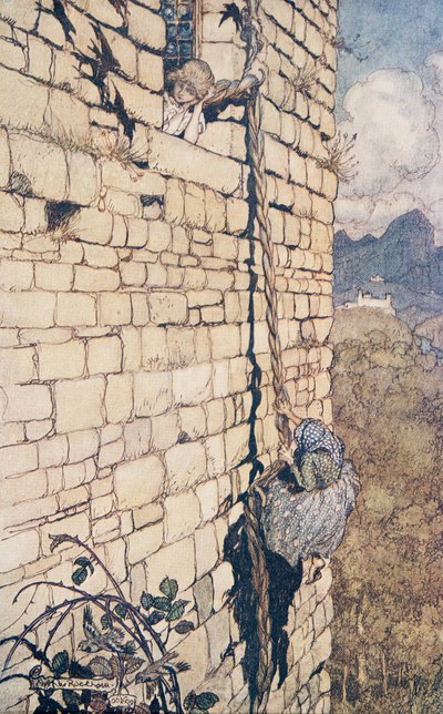 魔女は登った..、グリム兄弟の童話、パブから。 1909 作： Arthur Rackham