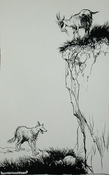 オオカミとヤギ」（『イソップ寓話集』（ハイネマン社刊）より 作： Arthur Rackham