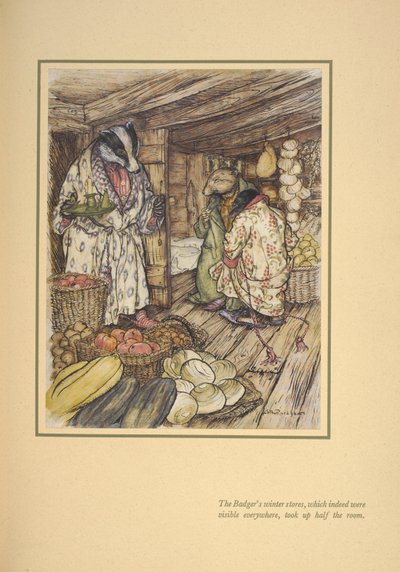 Mäyrän talvivarastot, jotka tosiaan näkyivät kaikkialla, veivät puolet huoneesta. 作： Arthur Rackham