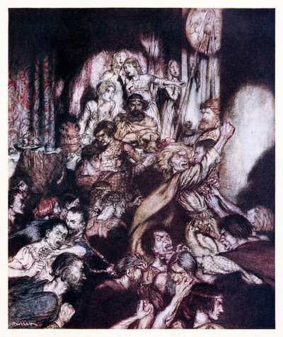 宴会場は大騒ぎだった。アイルランドのおとぎ話のリトルブロールから 作： Arthur Rackham