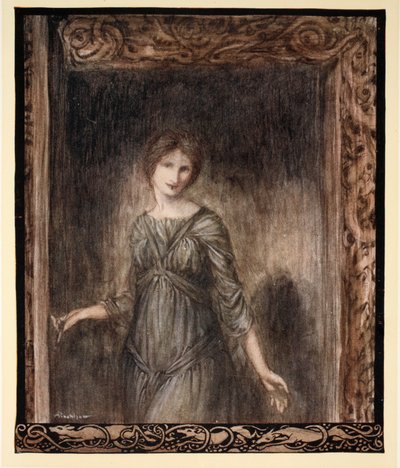 フィオンの部屋の扉が静かに開き、若い女性が部屋に入ってきました。イラストは、1920年にジェームズスティーブンスが描いた「アイルランドのおとぎ話」のイラストです。 作： Arthur Rackham
