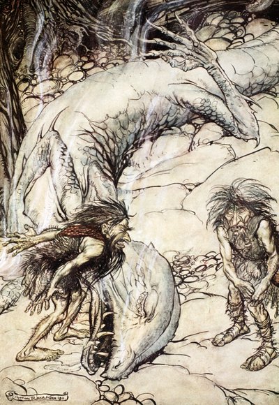 「ファフナーの死体をめぐって喧嘩するドワーフ」、1924年。 作： Arthur Rackham