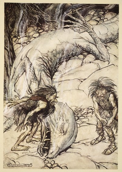 ファフナーの体をめぐって争うドワーフ、「ジークフリートと神々の黄昏」のイラスト、1924 作： Arthur Rackham
