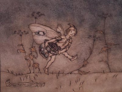 ボトムに付き添うエルフ（「真夏の夜の夢」の挿絵 作： Arthur Rackham