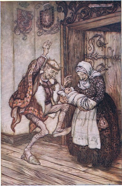 喜びを抑えきれない王様（カラーリトグラフ 作： Arthur Rackham