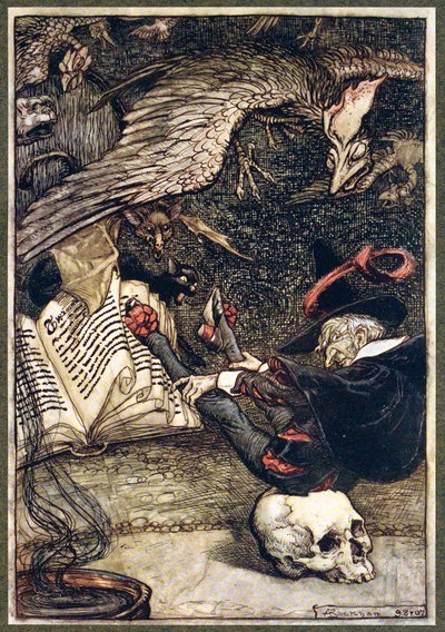 小柄な男は円の中心、大きな頭蓋骨の上に座っていた。 1907年。 作： Arthur Rackham