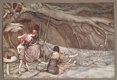 小さな人々は、スケルトンの葉から夏のカーテンを編んでいます。 1906 作： Arthur Rackham