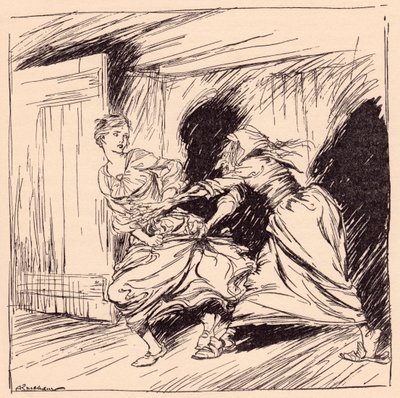A velha agarrou-a pelo vestido e tentou segurá-la. Ilustração de Arthur Rackham do conto de fadas de Grimm, A Árvore Encantada. 作： Arthur Rackham