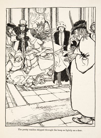 グリム兄弟の「Little Brother & Little Sister and Other Tales」（1917年出版）より、可愛い乙女が鹿のように軽やかにフープをくぐり抜けます。 作： Arthur Rackham