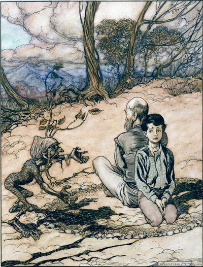 息子が輪を作り、その父親と彼はその中で場所を取りました、そして小さな黒いマンニキンが現れました、グリム兄弟のおとぎ話の黄金の山の王からのイラスト、 作： Arthur Rackham