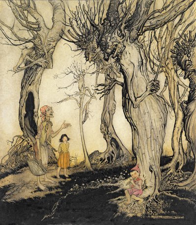 木と斧、「イソップ寓話」、1912年頃（紙にトイレとペンとインク） 作： Arthur Rackham