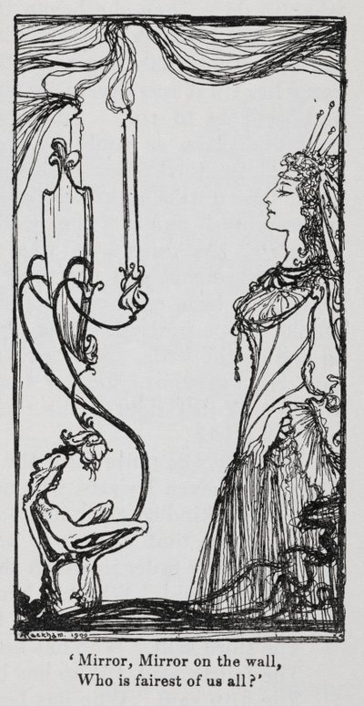 Snowdrop (白雪姫) の鏡で自分自身を見ている邪悪な女王 作： Arthur Rackham