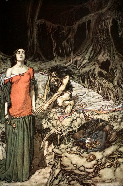 「ハーゲンの母、グリムヒルデの口説き文句」、1924年。 作： Arthur Rackham